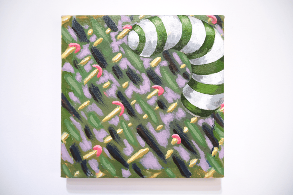 Noodle Town, an oil painting on canvas featuring a white and green striped noodle over green and neon patterned background