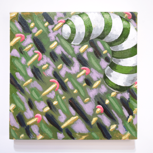 Noodle Town, an oil painting on canvas featuring a white and green striped noodle over green and neon patterned background